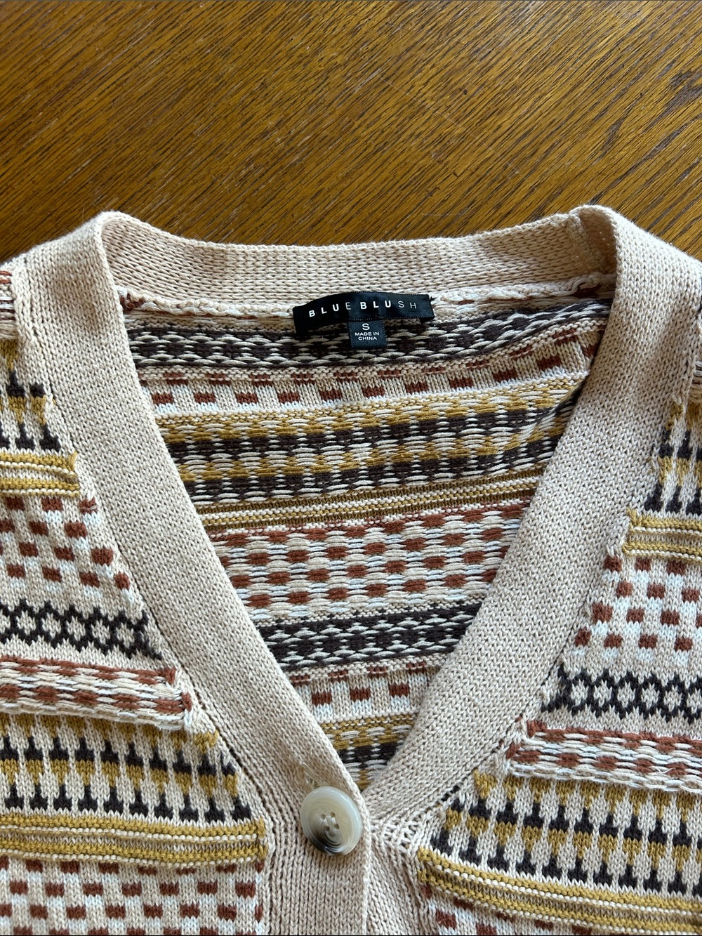 Blue Blush Beige Knit Cardigan with Mustard & Brown Stripes - Picture 2 of 5